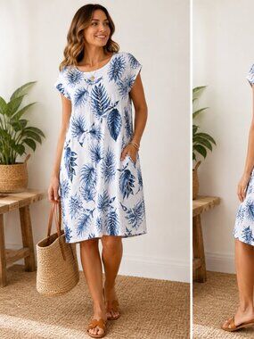 Italian Linen Dress Blue Floral Size Small Lightweight Summer Dress